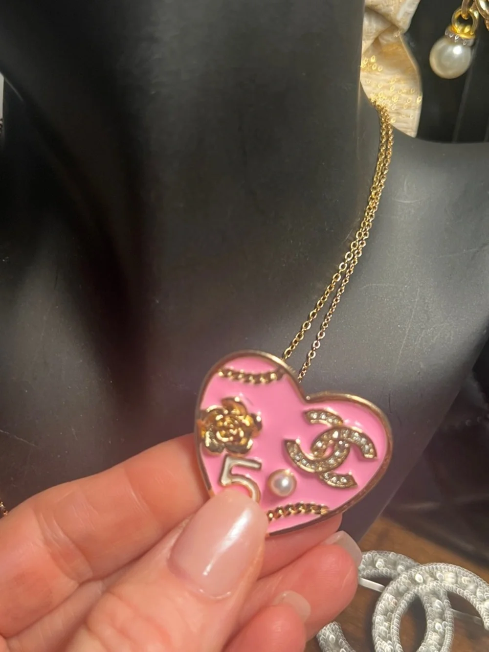 Pink Heart C Inspired Enamel Brooch with Pearl Accent - Picture 7 of 7